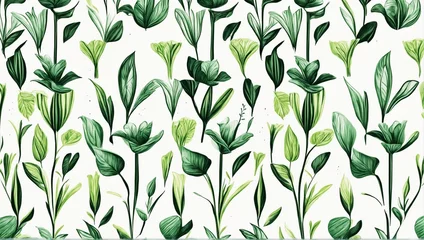 Fotobehang Green plant and leafs pattern. Pencil, hand drawn natural illustration. Simple organic plants design. Botany vintage graphic art. 4k wallpaper, background. Simple, minimal, clean design. © SR07XC3