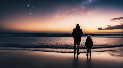 Poster Dads and son look at the night sky, stars and moon, father's day, family © SR07XC3