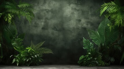 Tropical Elegance: Lush Green Foliage on Grunge Texture, an Artistic Banner with Space for Your Message.