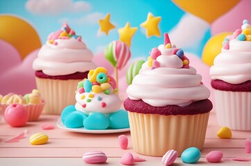 3D Illustration of a Whimsical Candyland Scene with Cupcakes, Sweets, Ice Cream, and Clouds.