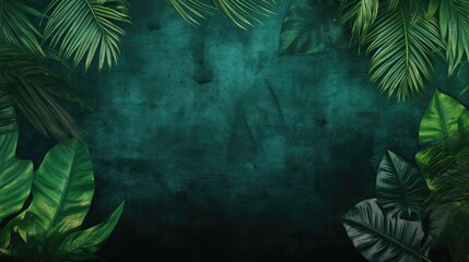 Fototapeta na wymiar Tropical Elegance: Lush Green Foliage on Grunge Texture, an Artistic Banner with Space for Your Message.