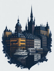 Fototapeta premium Illustration of the city of Stockholm a monochromatic vintage double exposure 2