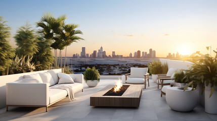 A luxurious, minimalist rooftop terrace with a white theme, furnished with a lounging area, a firepit, and green potted plants, offering breathtaking views of the cityscape