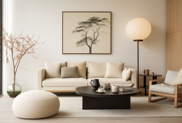 Modern living room composition with beige sofa