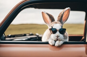 Cute Easter Bunny with sunglasses looking out of a car filed with easter eggs, 