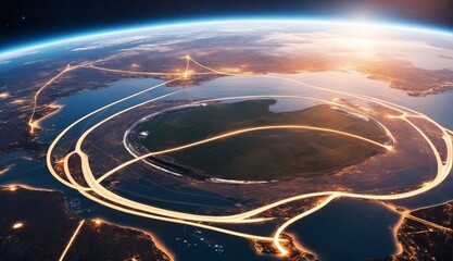 Illustrating Worldwide Connectivity with Dynamic Lines and Circles. Visual Representation of Internet, Social Media, Travel, or Logistics Themes.