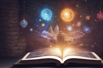 Illustration of a magical book that contains fantastic stories - AI generative