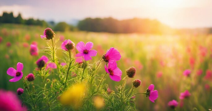 Colorful flower meadow with sunbeams and bokeh lights in summer - nature background banner with copy space - summer greeting card wildflowers spring concept
