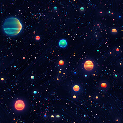 pattern of stars and planets in pixel art style, with vibrant colors and fun details, on a dark blue background 11