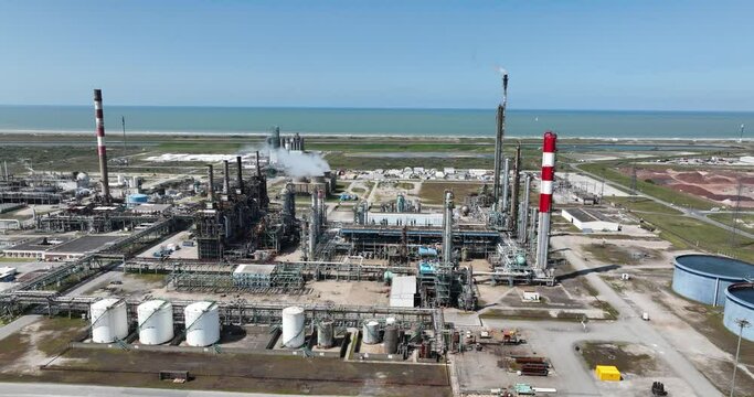 Heavy petro chemical industry facility, aerial drone view. Refinery, processing, chemical products, industrial chemistry, petrochemicals, plastic materials and synthetic materials.