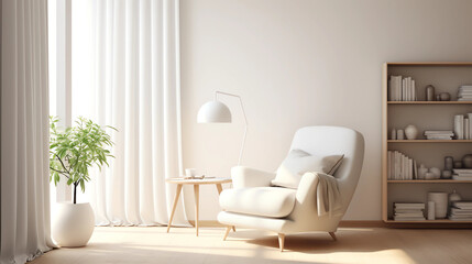 A serene minimalist reading nook in a white-dominated color scheme, featuring a plush armchair, a standing lamp, and wall-mounted shelves filled with books, with sunlight filtering in through sheer cu