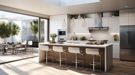 A sleek, modern kitchen design with an emphasis on white surfaces, showcasing state-of-the-art appliances, a breakfast bar with stylish stools, and pendant lighting, all accentuated by the abundance o