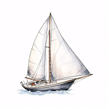 A hand-painted watercolor sailboat, captured in intricate detail, floats serenely on a clean, white canvas, illustrating the art of sailing.