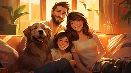 Fototapeta na wymiar A joyful family sitting on the couch with their dog in the living room..