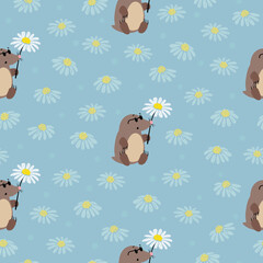 Cute cartoon moles and flowers pattern. Vector childish illustration, nursery design