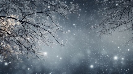  a tree with snow falling down on it and a street light in the background.  generative ai