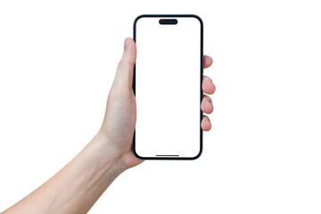 Hand showing smartphone with blank screen isolated on white background