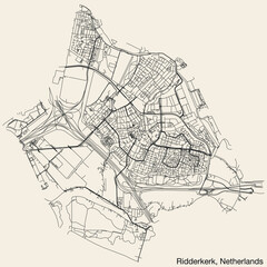 Fototapeta na wymiar Detailed hand-drawn navigational urban street roads map of the Dutch city of RIDDERKERK, NETHERLANDS with solid road lines and name tag on vintage background