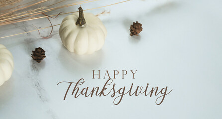 Modern minimal style happy thanksgiving flat lay background for autumn season holiday.