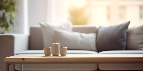 Wooden coffee table with sofa and defocused room background, space to place product or advertising - obrazy, fototapety, plakaty