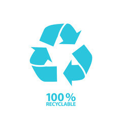 100% recyclable symbol sign icon, tag background, blue icon on white background