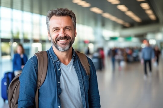 Middle aged male tourist in airport with backpack, smilling and looking at camera