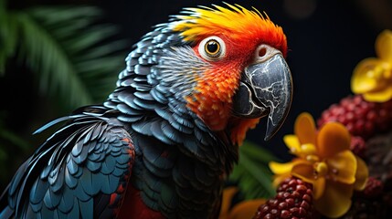 Obraz premium a colorful bird with a yellow and red head and beak. generative ai