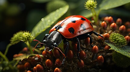  a red and black bug sitting on top of a plant.  generative ai