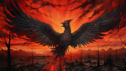 A breathtaking illustration of a phoenix rising from fiery ashes against a twilight sky