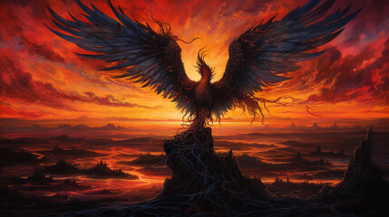 A breathtaking illustration of a phoenix rising from fiery ashes against a twilight sky - obrazy, fototapety, plakaty