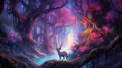 A mystical forest inhabited by enchanting unicorns with gleaming horns and ethereal beauty - obrazy, fototapety, plakaty