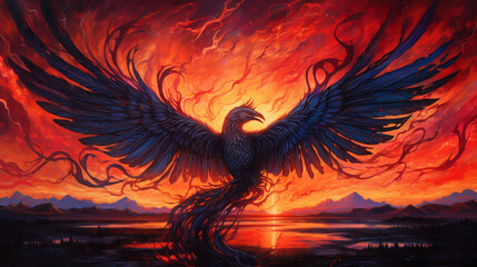 A breathtaking illustration of a phoenix rising from fiery ashes against a twilight sky - obrazy, fototapety, plakaty