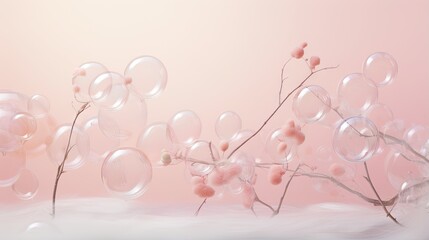  a bunch of bubbles floating on top of a branch with a pink background.  generative ai