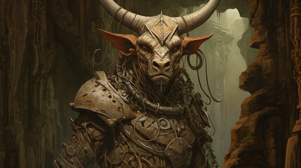 A powerful and fierce depiction of a minotaur in the heart of the labyrinth, ready for battle