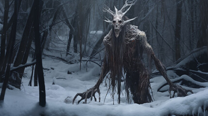 A hauntingly beautiful depiction of a wendigo, a malevolent creature from Algonquian mythology, in a snowy wilderness