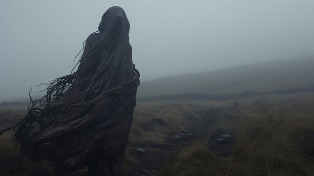 An eerie and enchanting image of a banshee, a wailing spirit of Irish folklore, on a foggy moor