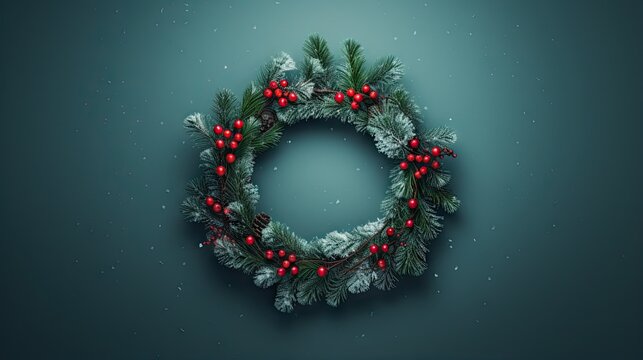  a christmas wreath with red berries and pine cones on a green background.  generative ai