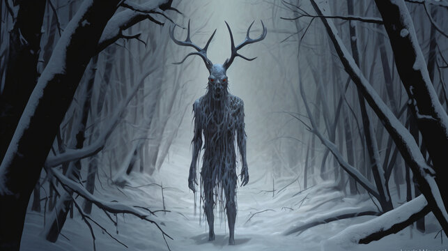 A hauntingly beautiful depiction of a wendigo, a malevolent creature from Algonquian mythology, in a snowy wilderness © Наталья Евтехова
