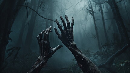 hands zombie spooky wallpaper dark night fog forest banner woods