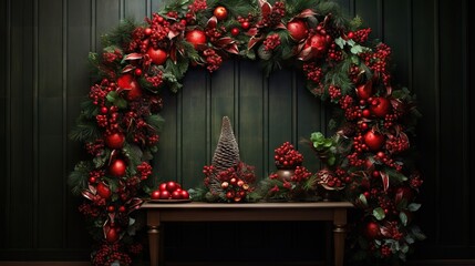 Fototapeta na wymiar a christmas wreath with pomegranates and greenery on a table. generative ai