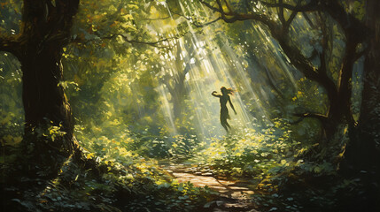 A mythical forest where a wood nymph dances under the dappled sunlight filtering through the trees - obrazy, fototapety, plakaty