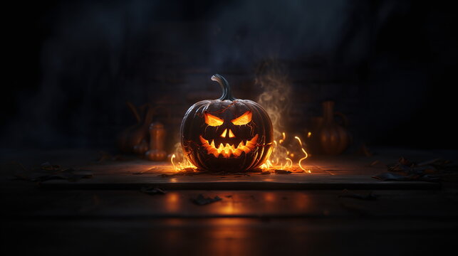 Spooky dark fire pumpkin head character themed Halloween wallpaper with fire and smoke on wood