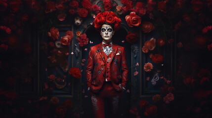 photo portrait of male model zombie with painted skull face red flowers celebrate day of the death dark background