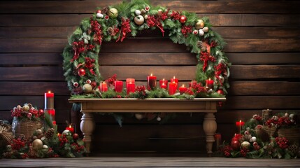 Fototapeta na wymiar a christmas wreath with candles and decorations on a table in front of a wooden wall. generative ai