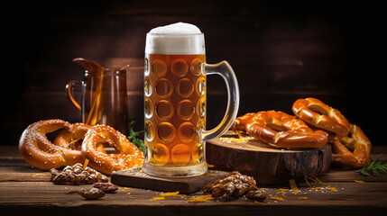 Arrangement of bavarian snacks on a table dark background mugs of beer