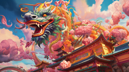 A captivating and colorful portrayal of a Chinese dragon soaring high above a traditional temple during a festive parade