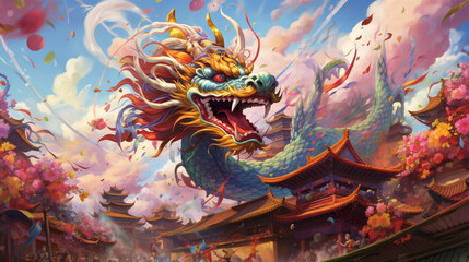 Fototapeta premium A captivating and colorful portrayal of a Chinese dragon soaring high above a traditional temple during a festive parade