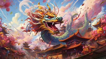 Foto op Canvas A captivating and colorful portrayal of a Chinese dragon soaring high above a traditional temple during a festive parade © Наталья Евтехова