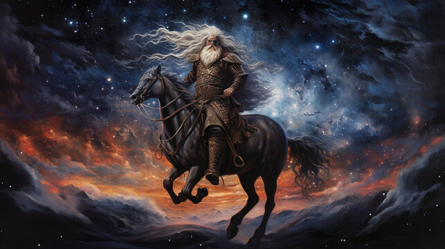 An epic and otherworldly tableau of a powerful Norse god, Odin, riding his eight-legged horse Sleipnir through the cosmos