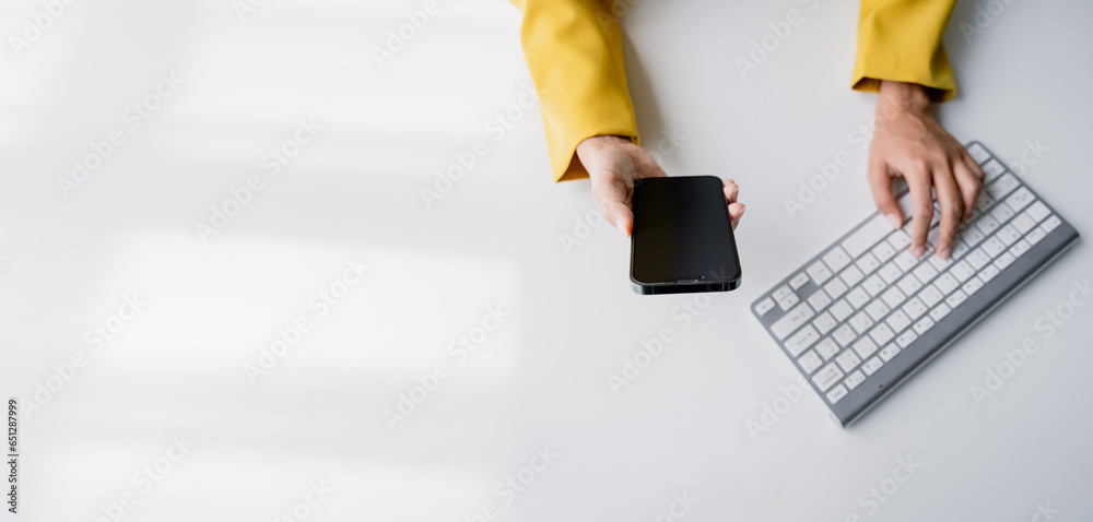 Sticker type search information from the internet network. businessman working with smartphone, tablet and l